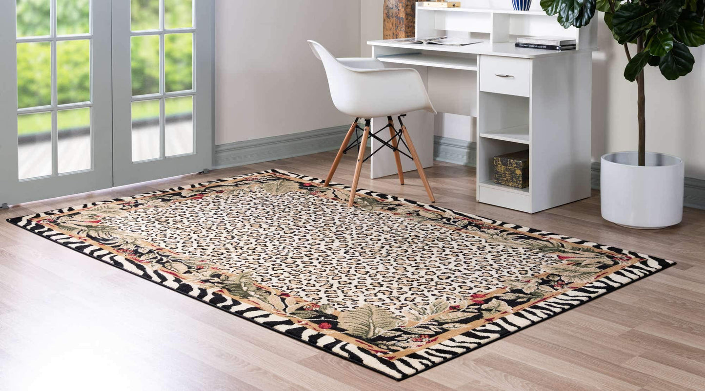 Unique Loom Wildlife Collection Animal Inspired with Cheetah Bordered Design Area Rug (3' 3 x 5' 3 Rectangular, Ivory/Black)
