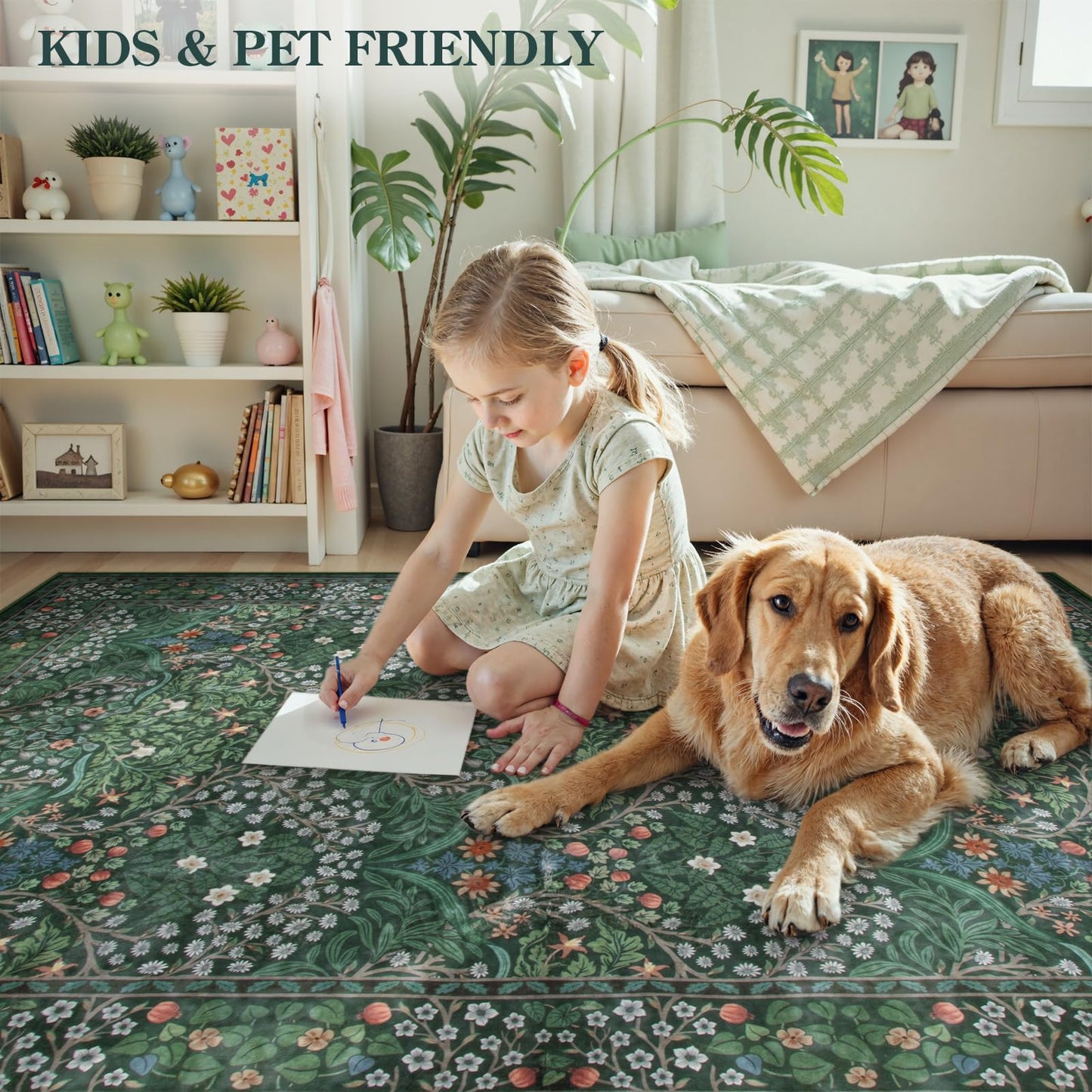 Lahome Floral Washable Round Area Rug, Soft Round Rugs 6ft Ultra-Thin Non-Slip, Boho Stain Resistant Large Circle Carpet for Bedroom Living Room Kitchen Nursery Giverny, Dark Green