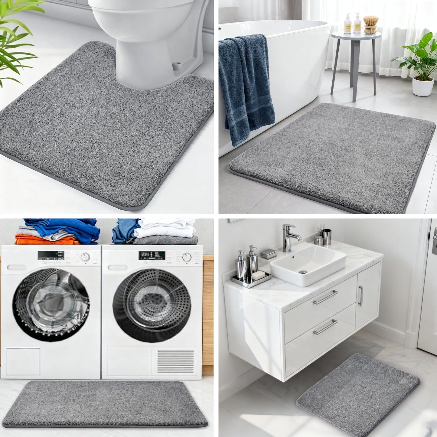HOMEIDEAS Upgraded Bathroom Rugs Set 3 Piece, Ultra Soft Memory Foam Bath Mats, Super Absorbent Non Slip Washable U-Shaped Toilet Bath Rug (Grey, 17"x24"+20"x32"+U-Shaped 20"x24")