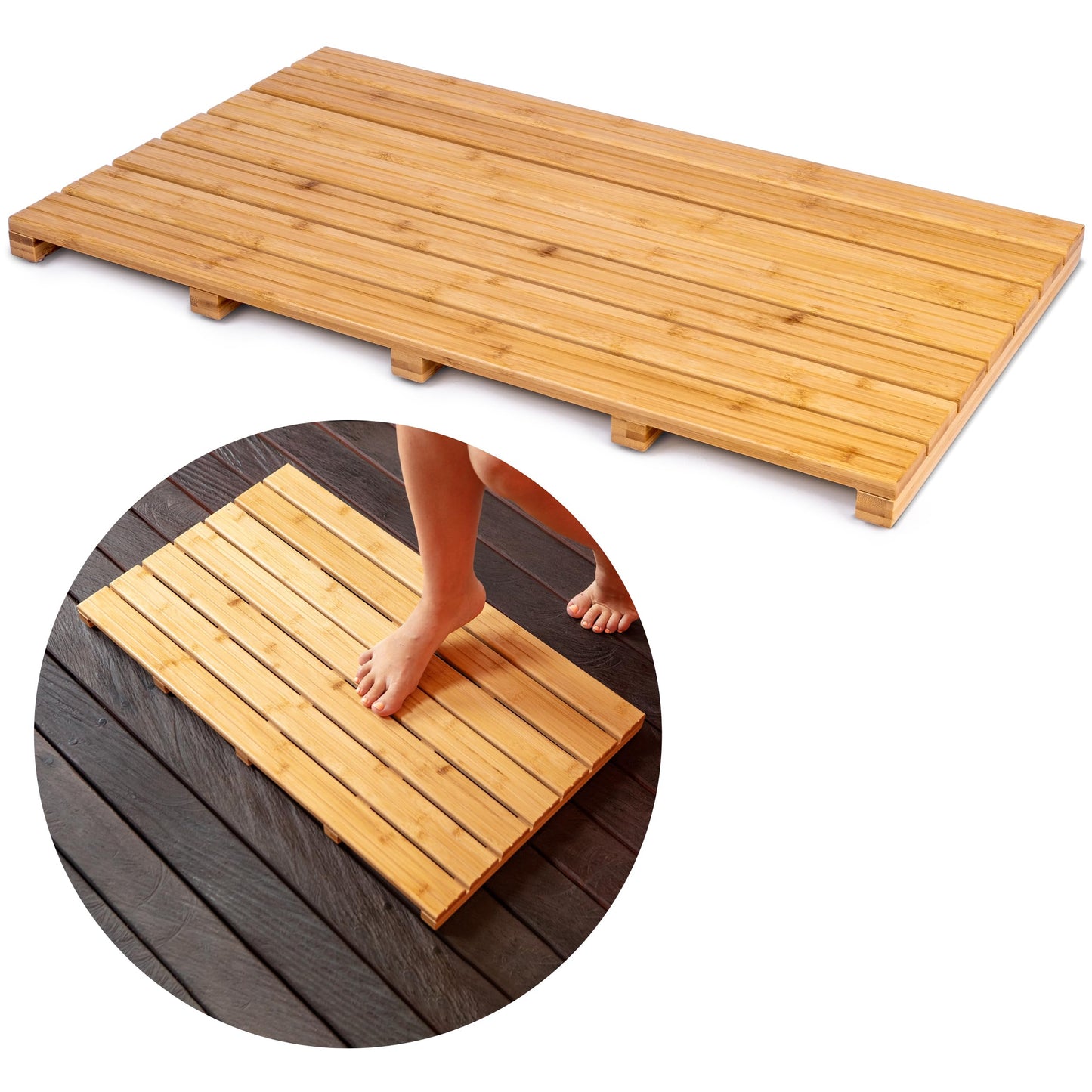 Large Natural Bamboo Bath Mat – Non-Slip Design Sauna Floor Mat, Secure Grip Pads, Water-Resistant Coating, Durable for Indoor/Outdoor Use, Bamboo Decor
