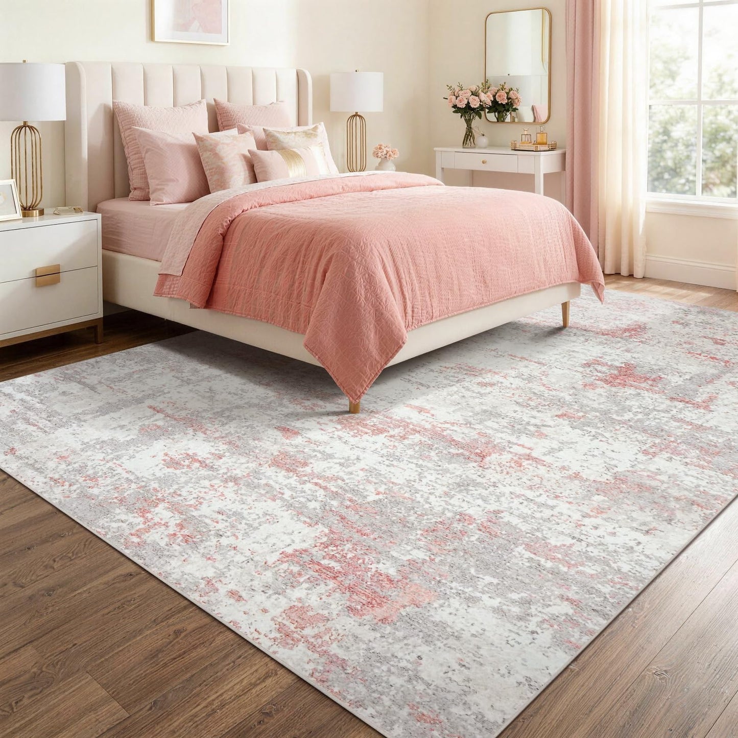 5x7 Washable Modern Abstract Area Rug, Soft Faux Cashmere Low Pile Non-Slip Non-Shedding Carpet for Living Room Bedroom Nursery Girls Room, Grey Pink
