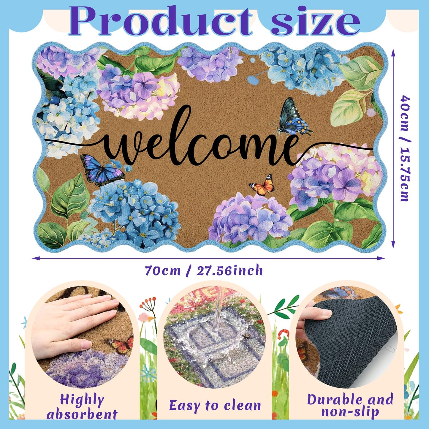Tinideya Hydrangea Scalloped Doormat Summer Blue Flower Welcome Door Mat 27.6 x 15.7 Inch Artificial Coir Non Slip Cute Butterfly Entrance Rugs for Indoor Outdoor Front Kitchen Bathroom Decor