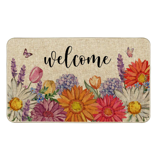 Tikeciti Spring Summer Vibrant Daisies Welcome Doormat, Hydrangea Floral Doormats Tulip Seasonal Front Door Mat Non-Slip Entrance Mat Low Profile Kitchen Floor Rug Decor for Home Patio 17 x 29 Inch