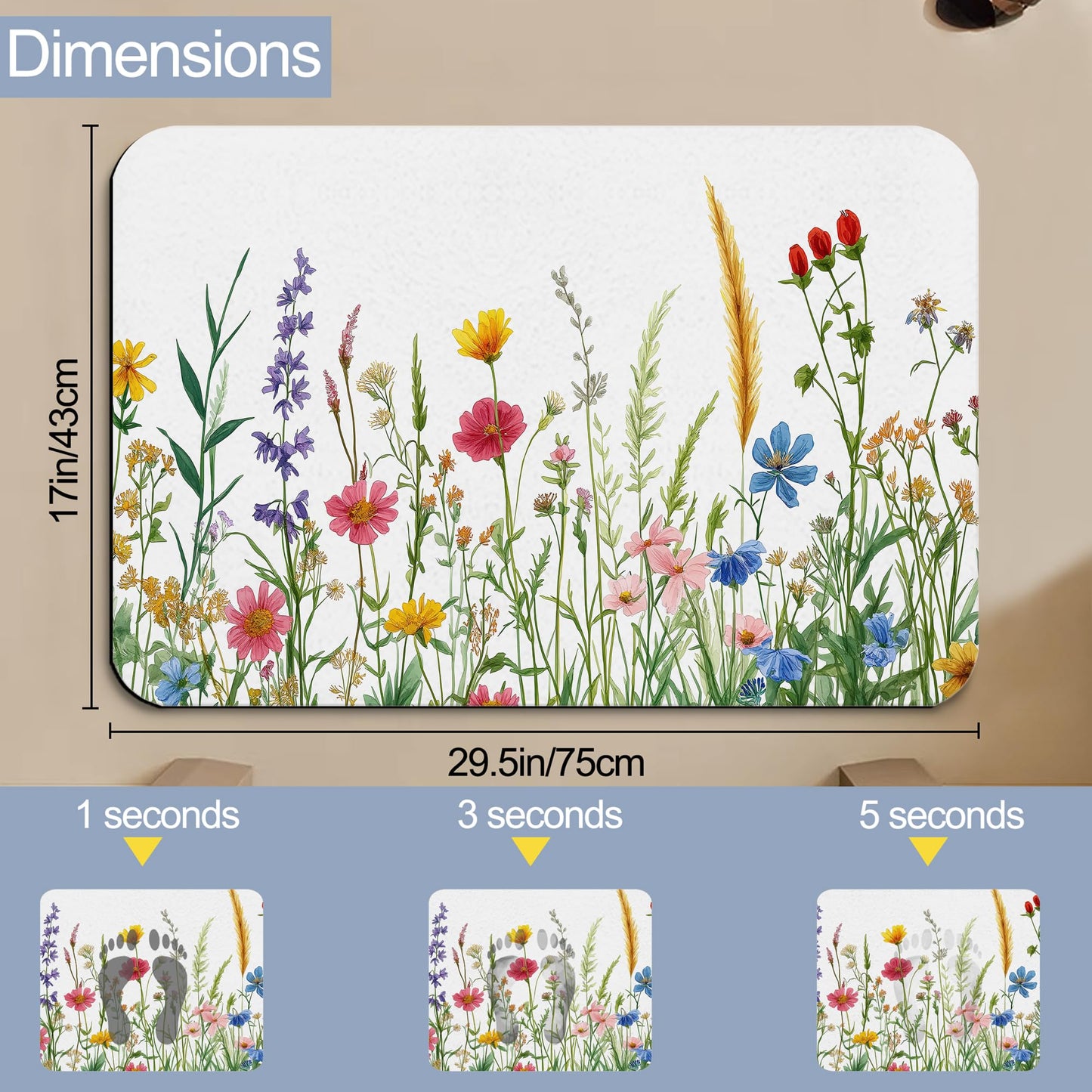 GYYGOO Bath Mats for Bathroom,Spring Wildflower Bathroom Rugs,Rustic Garden Floral Diatomaceous Bath Rug Quick Dry, Non Slip Super Absorbent Low Profile Doormat for Home Kitchen Patio 17 X 29.5 Inch