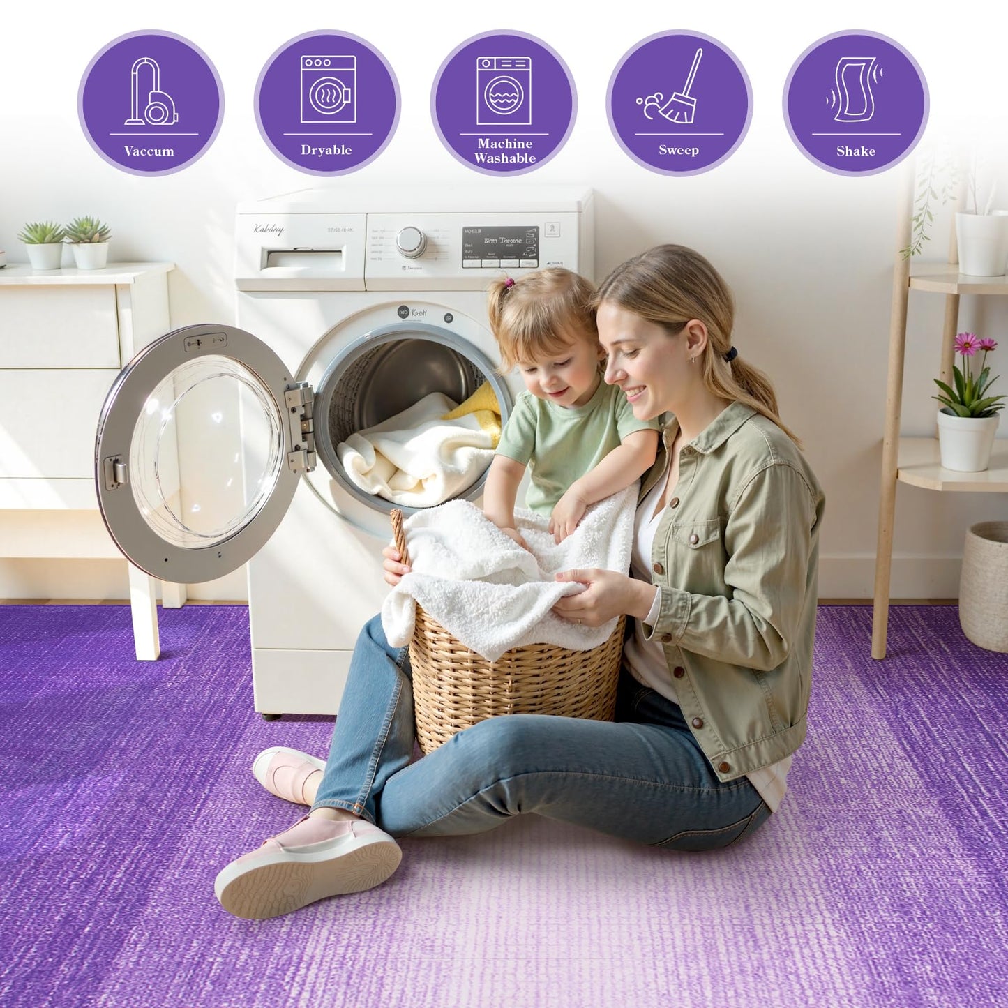 Wonnitar Washable 3x5 Purple Rugs for Bedroom, Modern Non-Slip Soft Nursery Area Rugs, Non-Shedding Ombre Low Pile Bathroom Throw Mat, Floor Carpet for Kitchen Dorm Playroom (Purple, 3'x5')