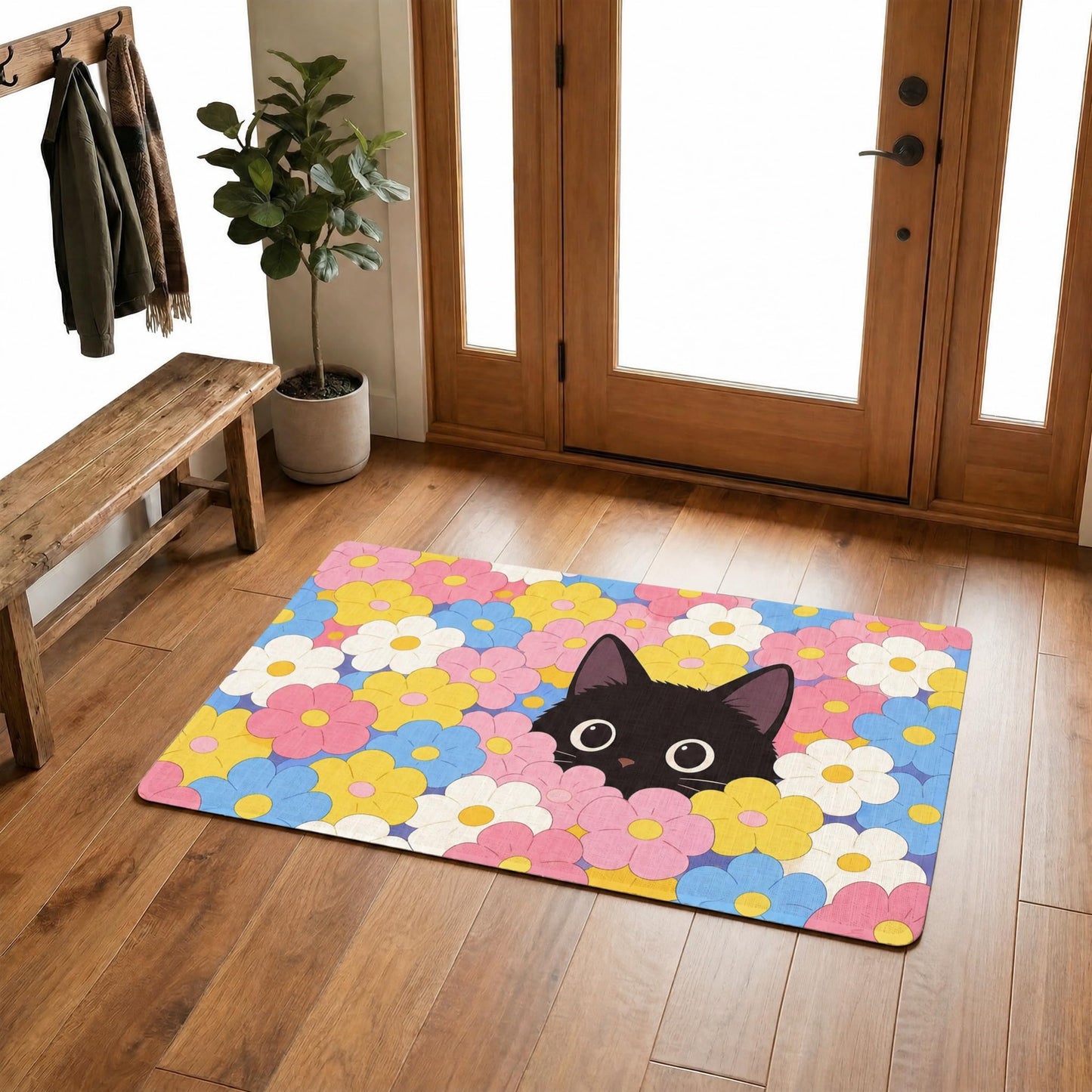 Spring Summer Doormat Black Cat Flowers Welcome Front Door Mat 30"X17"Cat Rug Non Slip Durable Indoor Outdoor for Entryway Hallway Bedroom Housewarming Gift