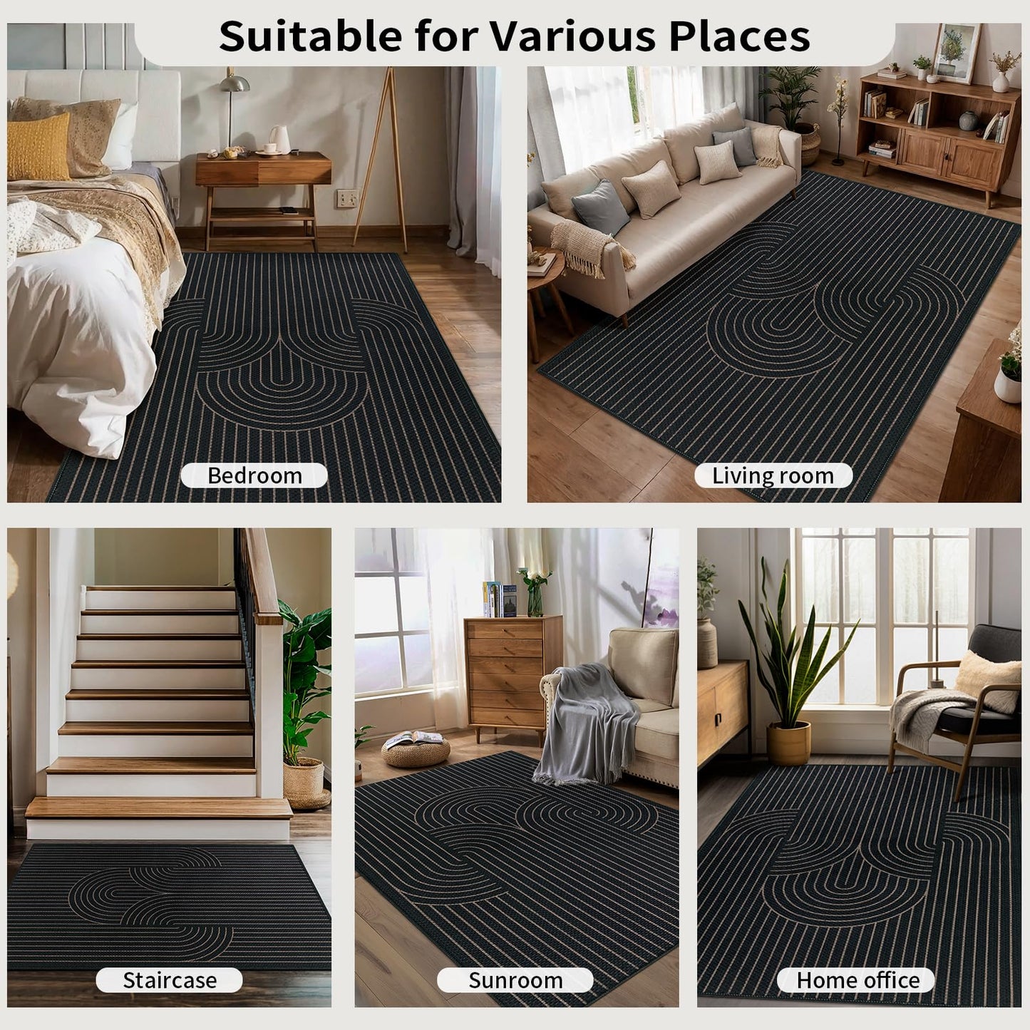 Tangsoo Easy Jute 3x5 Outdoor Rug for Living Room,Black Washable Non Slip Ultra Thin Indoor Outside Area Rug,Boho Farmhouse Geometric Throw Carpet for Front Porch Patio Entryway Balcony Patio