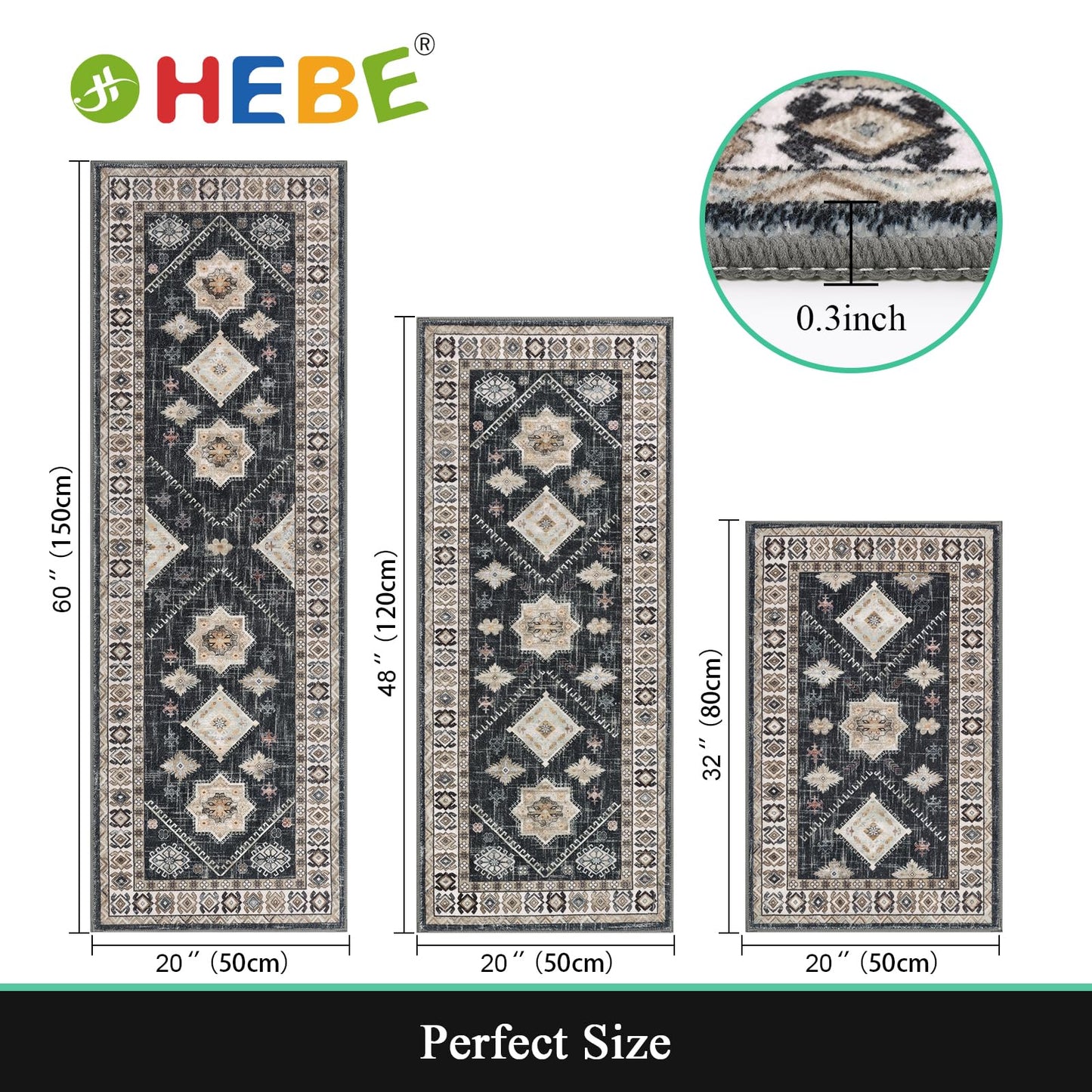 HEBE Boho Kitchen Rug Sets 3 Piece with Runner Non Slip Kitchen Rugs and Mats Washable Kitchen Mats for Floor Thick Kitchen Floor Mat Carpet Runner Rugs for Hallway Laundry Holiday Decor