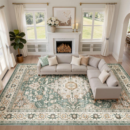 Green Rug Living Room Rugs: 10x14 Washable Boho Large Vintage Soft Stain Resistant Farmhouse Oriental Non Slip Indoor Floor Carpet for Bedroom Nursery Kids Playroom Office Dining Room Home Decor