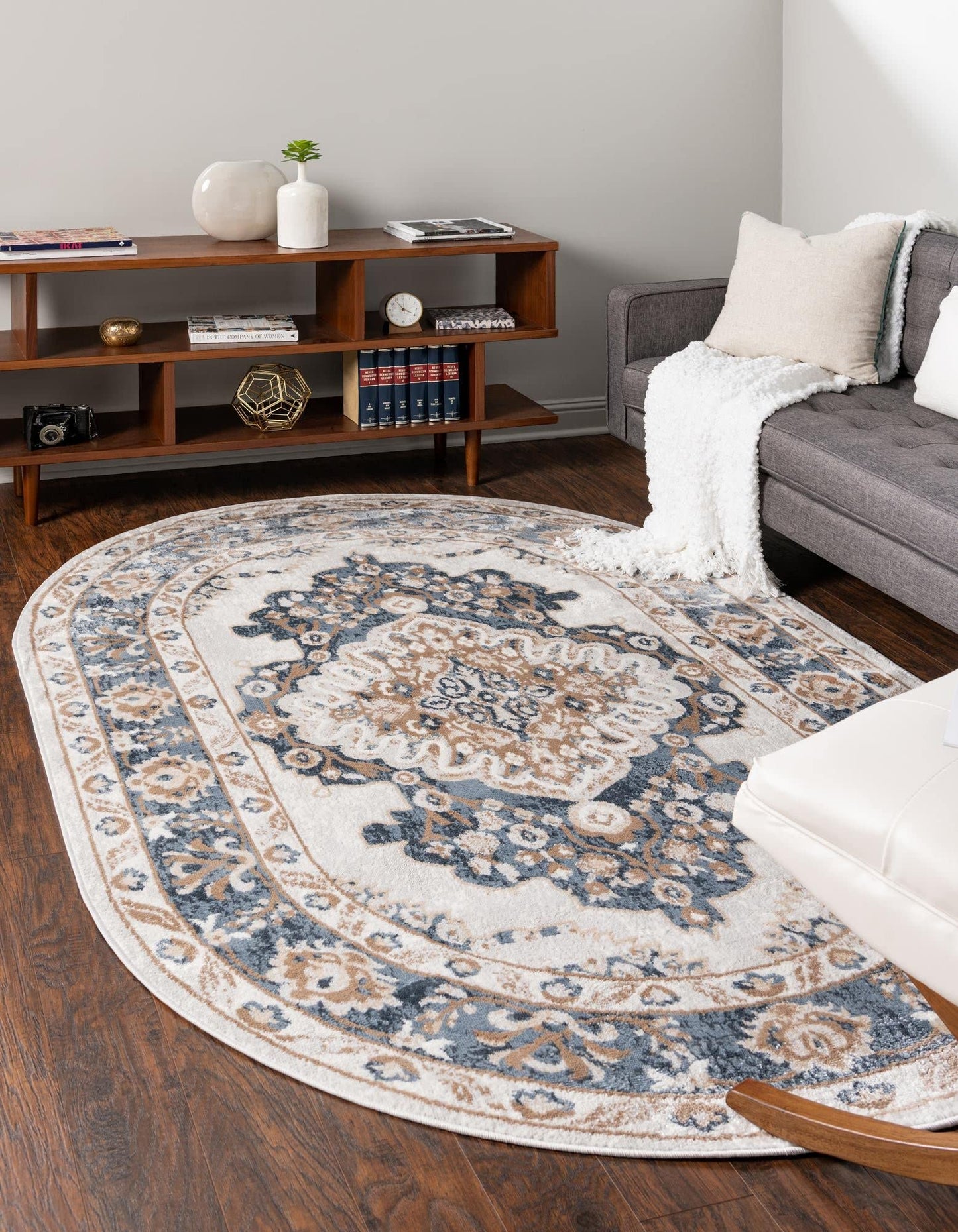 Unique Loom Oxford Collection Area Rug - Bodleian (4' x 6' Oval Cream/Blue)