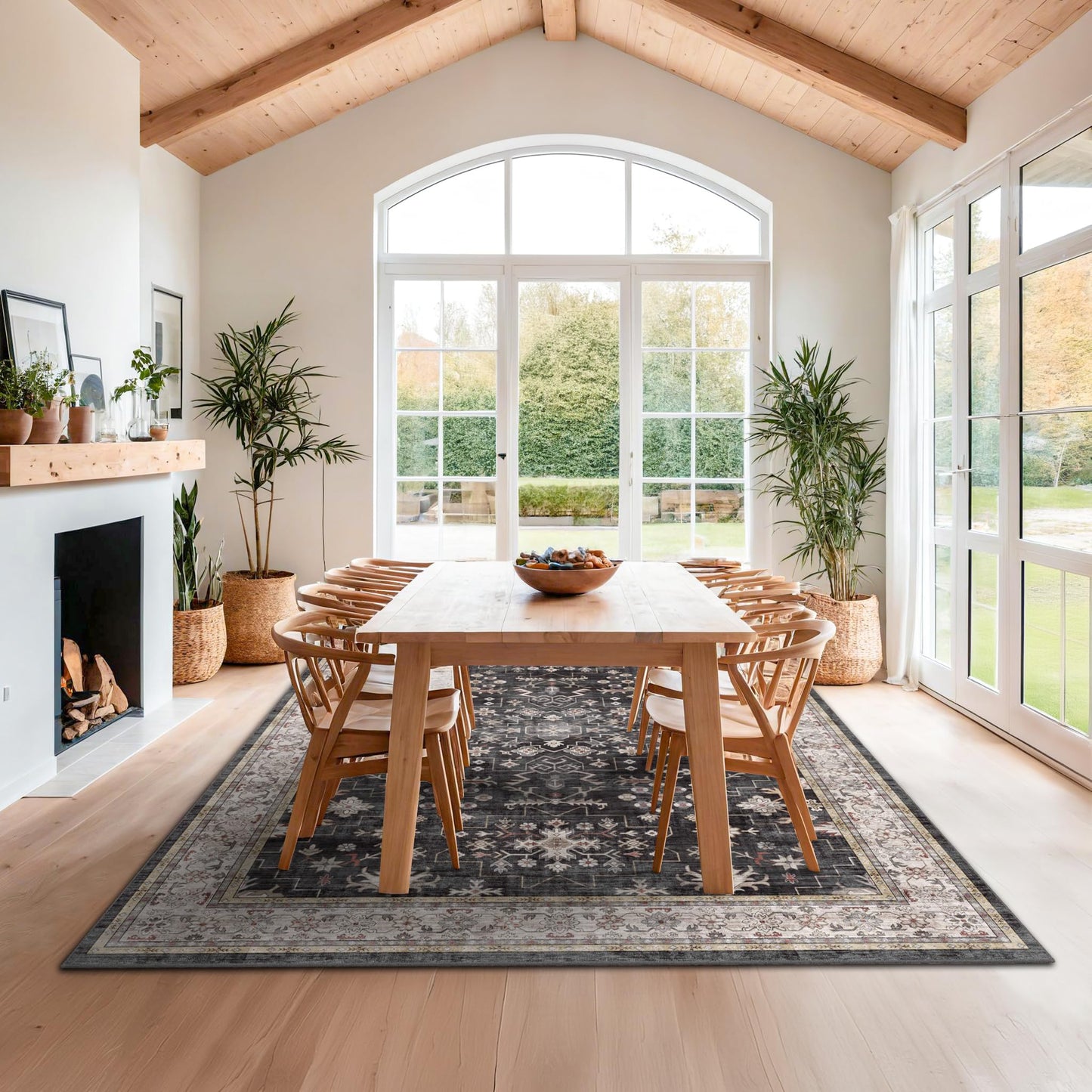 Boho Dining Room Rugs for Under Table - 6x9 Washable Black Area Rug For Living Room, Low Pile Non-Slip Rugs for Bedroom, Office - Charming Farmhouse Decor & Stain Resistance (6x9 Black/Multi)