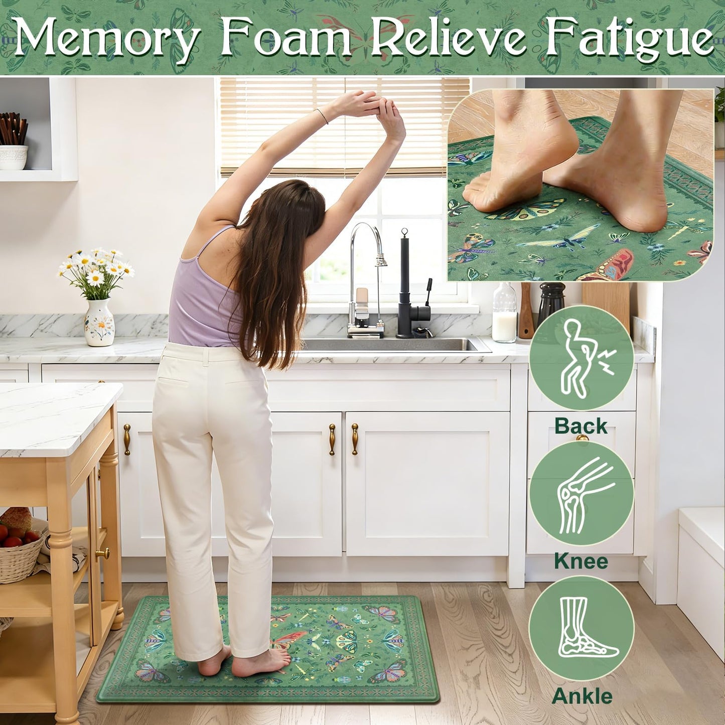 Yinhua Kitchen Rugs Sets of 2, Green Insect Kitchen Rugs Non Slip Washable, Farmhouse Anti Fatigue Mats for Kitchen Floor, PVC Waterproof Rug for Spring Summer, 18"x30"+18"x48"