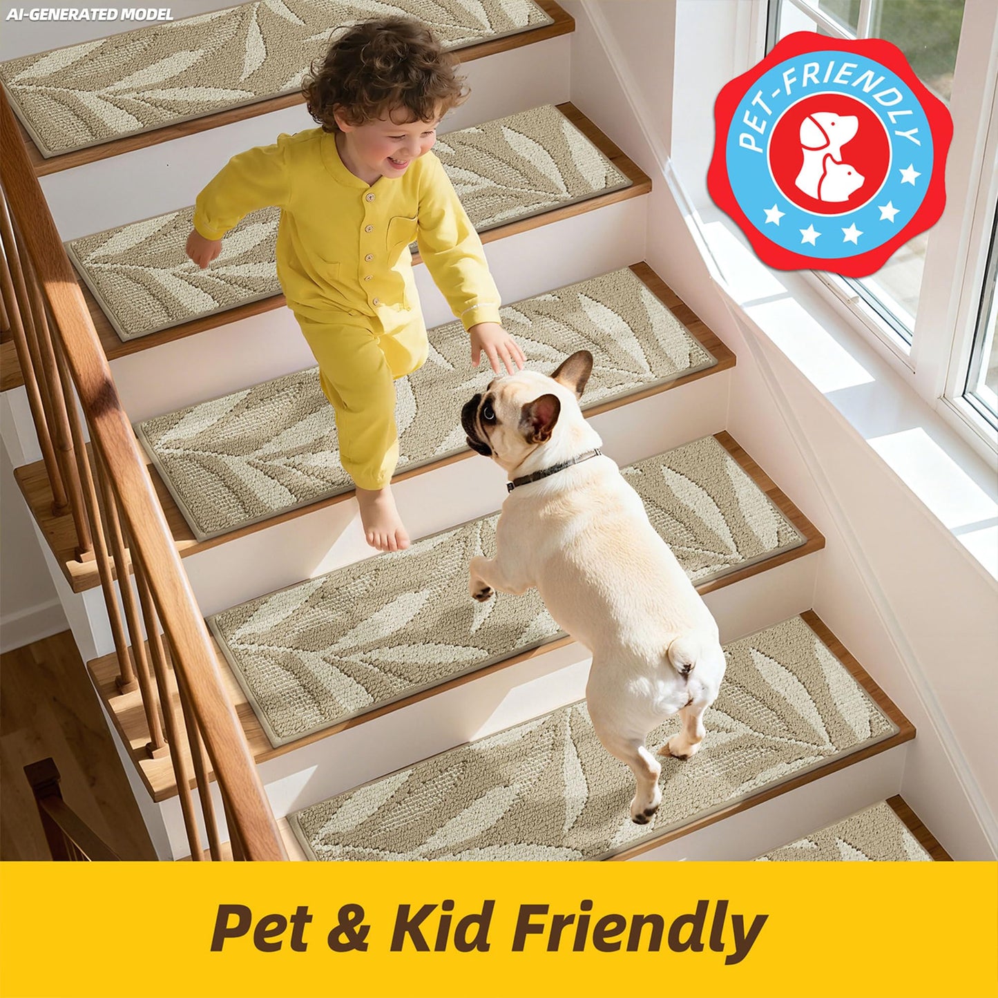 JSEI Stair Treads for Wooden Steps with 3D Leaf Pattern, 14 Pack 9" X 28" Carpet Stair Treads Non-Slip Indoor with TPE Backing, Machine Washable Stair Runners for Kids Elders and Pets, Beige