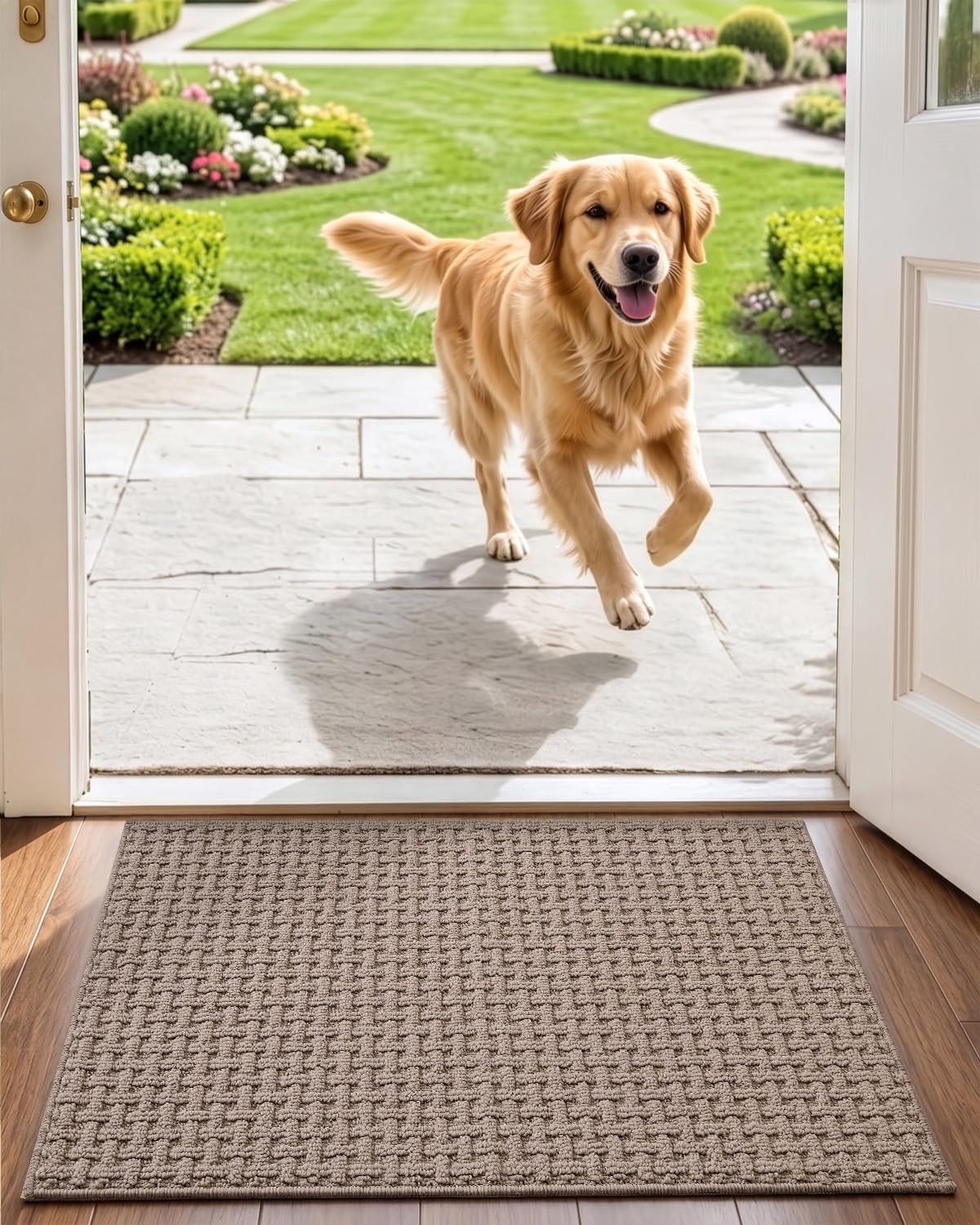 DEXI Washable Door Mat Indoor Entrance, 17x30 Dirt Trapper Front Entryway Doormat Absorbent, Inside Entry Way Mats Non Slip Rubber Backing for Backdoor Home Floor Area, Beige