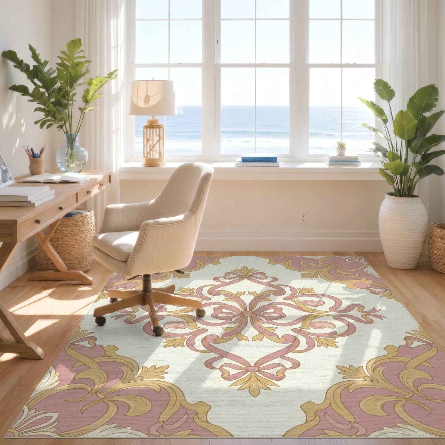 Design&I 6'x9' Washable Area Rug Circle Seats Showcasing Refined Centerpiece Pink Shaped Oversized Skid-Resistant Low Profile for Living Room, Family Room, Indoor
