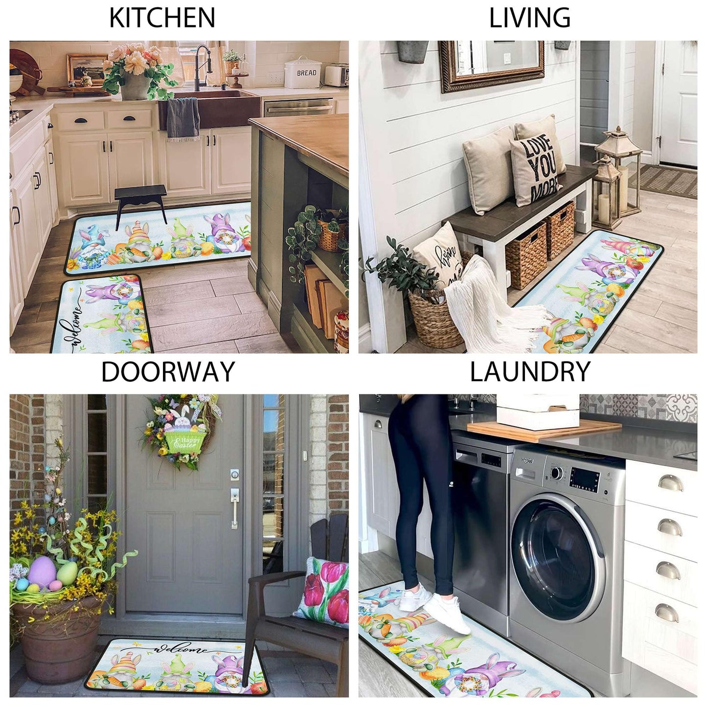 flippana Easter Kitchen Rugs and Mats for Floor Non-Slip Backing Easter Gnome Mat Easter Decorations for Home Welcome Spring Kitchen Rug Sets with Runner (Happy Easter 06, 17"x47.2"+17"x30")
