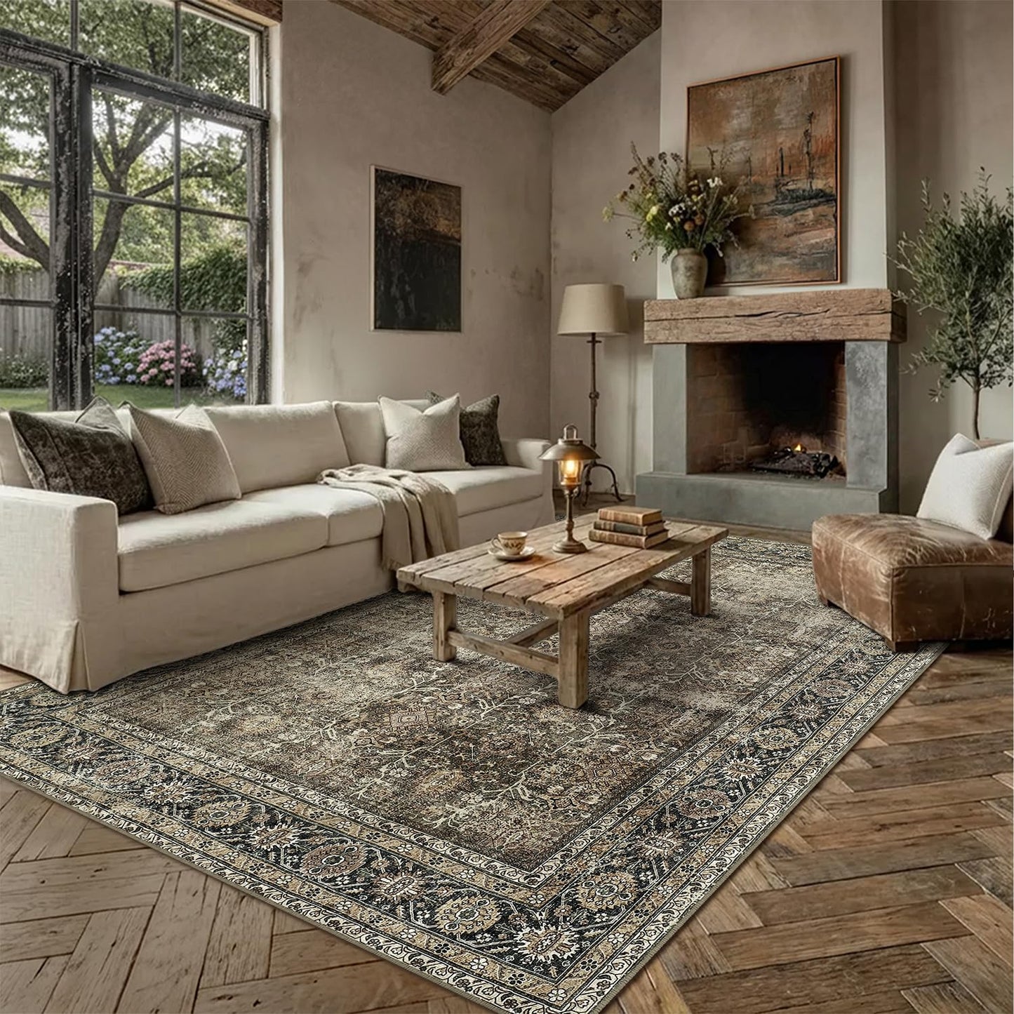PureCozy Vintage Area Rug 8x10 Brown Washable Living Room Large Carpet Non Slip Bedroom Indoor Office Low Pile Traditional Distressed Retro Accent Rug for Dining Room