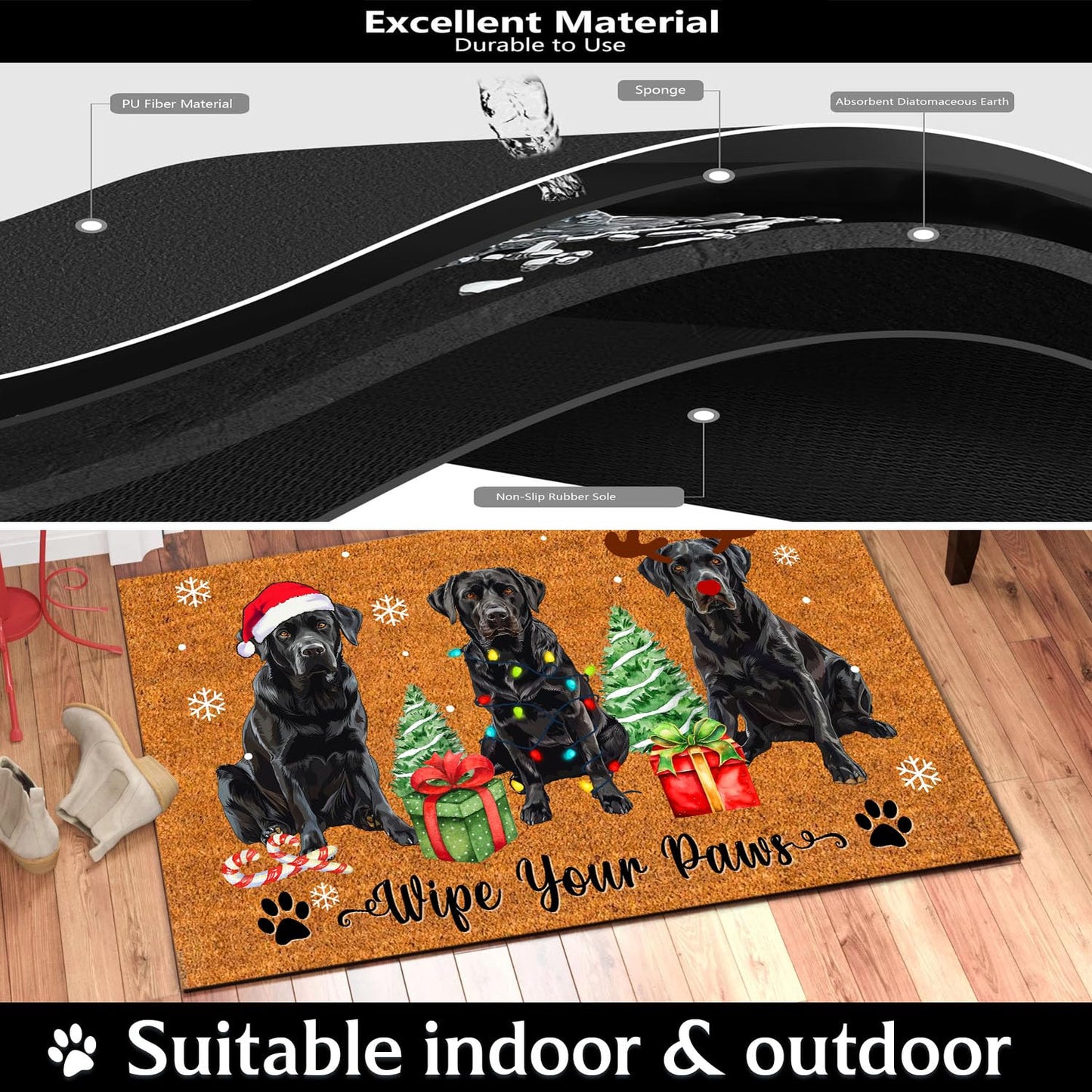 Christmas Golden Retriever Mat, Cute Golden Dogs Doormat, Xmas Festive Dogs Doormat, Welcome Mat Indoor Outdoor Entrance Floor Mat Non Slip, Keepsake Gift for Dog Lover, Pet Owner, Dog Mom, Dad