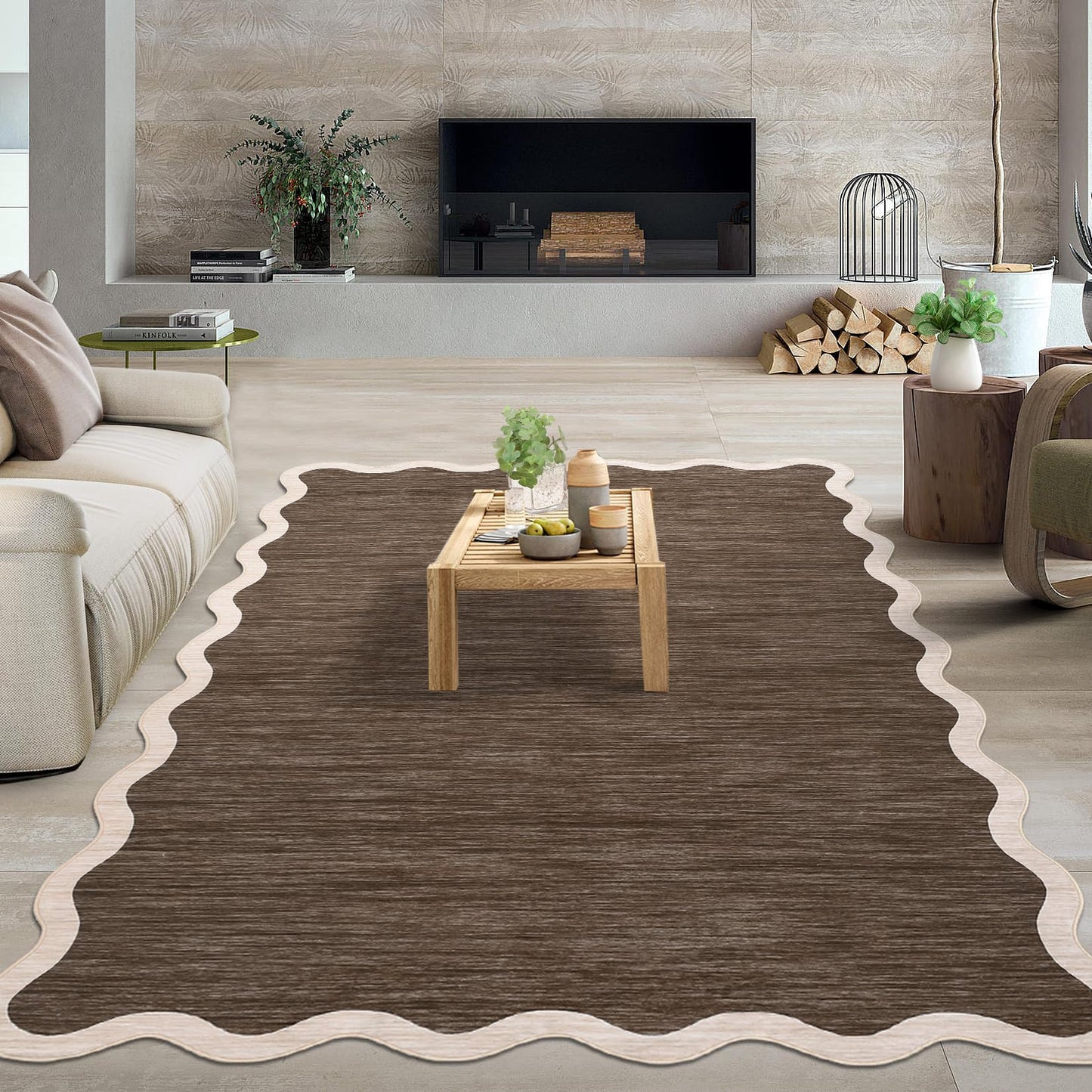 Garvee Scalloped Washable Rugs 9x12 Area Rug for Bedroom Rug Non Slip Throw Rugs Large Living Room Rug Modern Farmhouse Low Pile Soft Stain Resistant Carpet for Nursery Dining Room 9'x12' Dark Brown