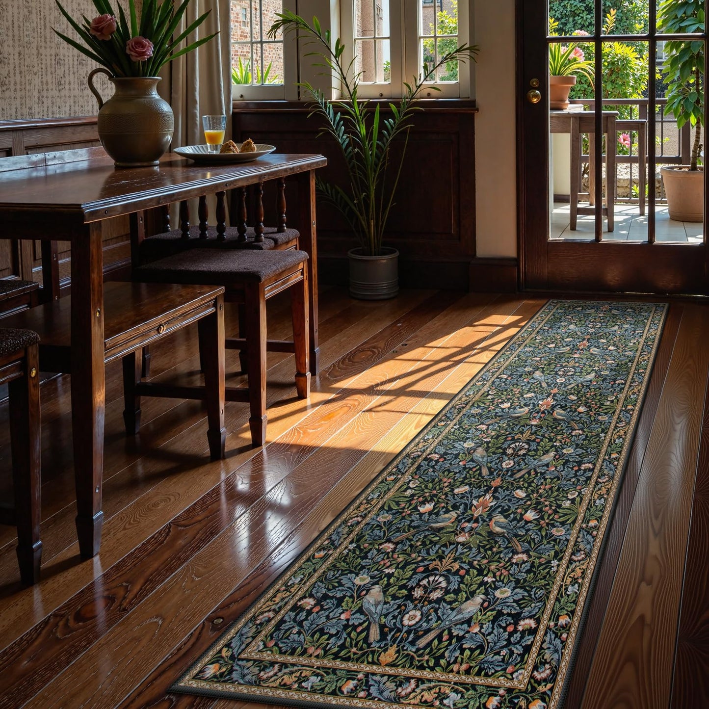 Morebes Floral Carpet Runners for Hallway 8ft Non Slip, Boho Flower Washable Runner Rug 2x8, Botanical Birds Indoor Floor Carpet Runner for Kitchen Laundry Bath Room, Navy Blue