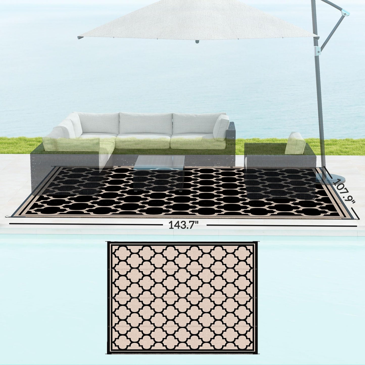 Outsunny Reversible Outdoor Rug, 9' x 12' Waterproof Plastic Straw Floor Mat, Portable RV Camping Carpet, Large Floor Mat for Backyard, Deck, Picnic, Beach, Black & Beige