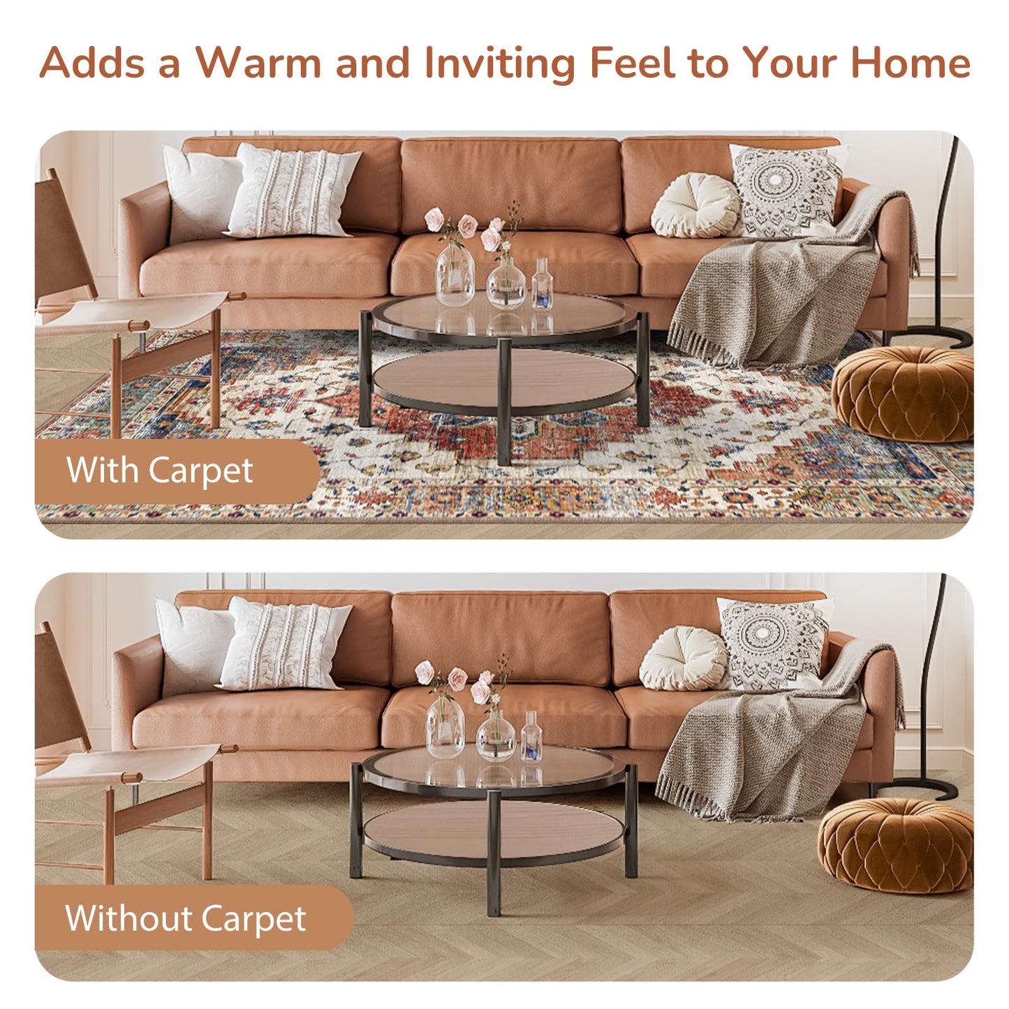 OPPODREAM Living Room Area Rugs, Faux Cashmere Low-Pile Carpet Rug with Non Slip Backing, Printed Decorative, Orange, 5' x 7'(Rectangular)