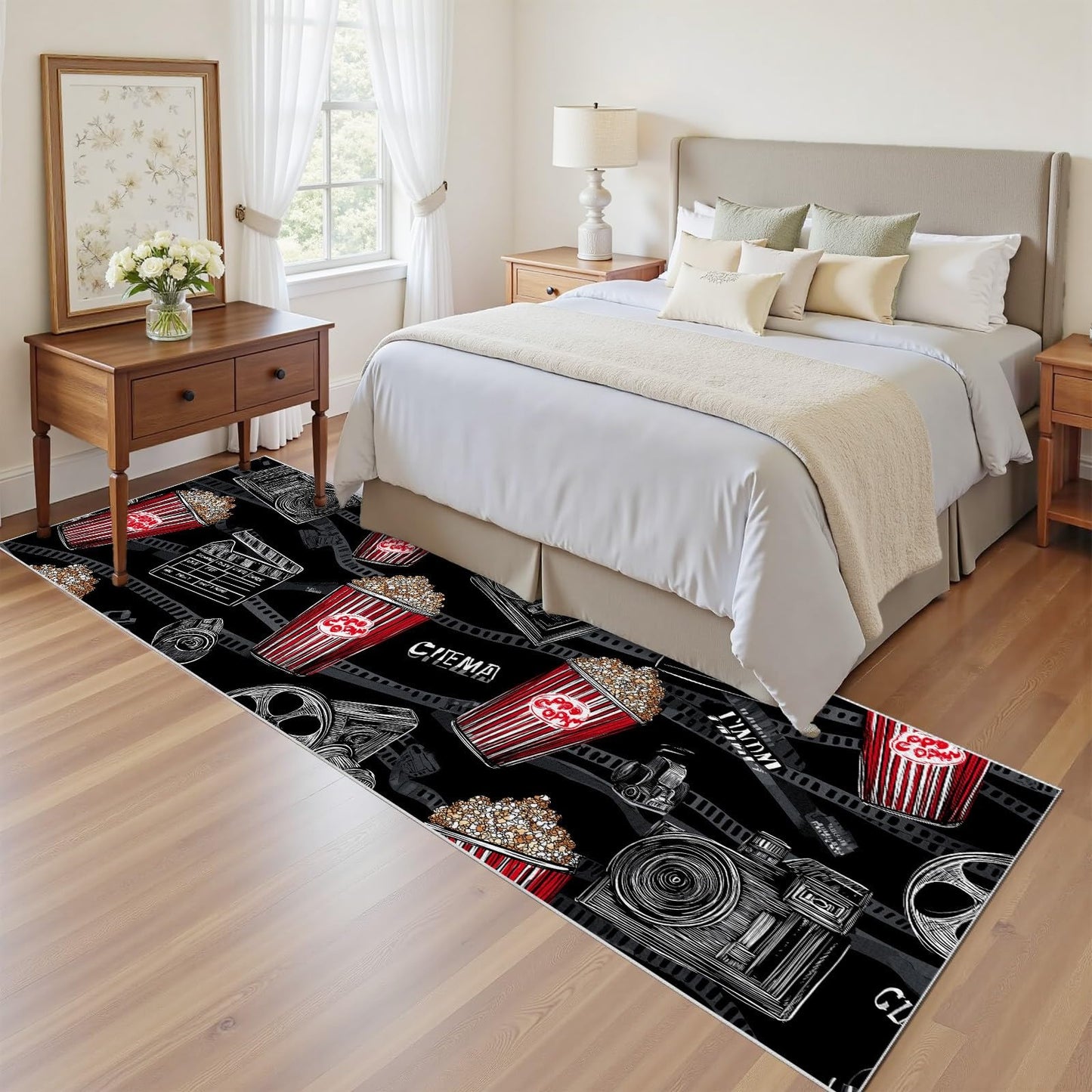 Movie Theater Decor Hallway Runner Rug 4x10ft – Popcorn and Projector Design, Washable Non-Slip Carpet for Living Room, Bedroom, Kitchen, Home Theater, Perfect for Movie Night Home Decor