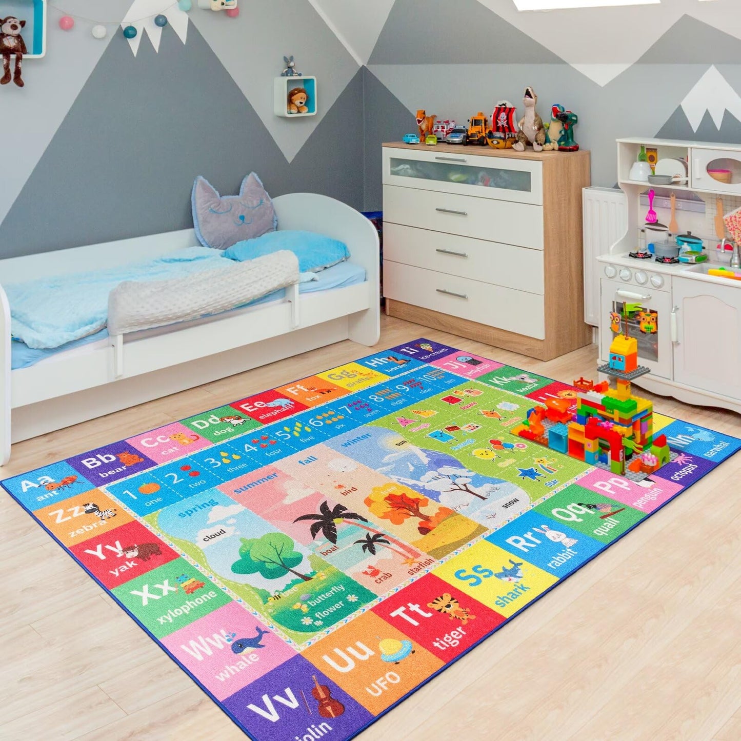 Macgace ABC Kids Rug for Playroom, 3x5 Washable Classroom Area Rugs, Toddler Educational Play Mat with Alphabet Numbers Seasons Shapes, Learning Fun for Preschool Children, Colorful