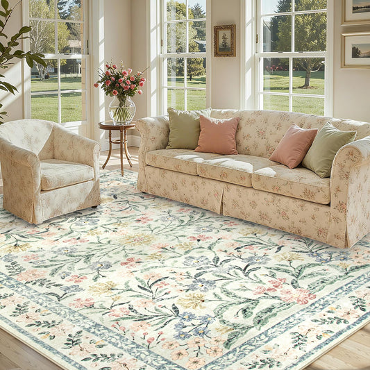 Lahome Sylvie Boho Rugs for Living Room, Washable Large 8 x 10 Area Rugs for Bedroom Non Slip, Soft Ultra-Thin Distressed Floral Throw Carpet for Office Dining Room, Cream/Multi
