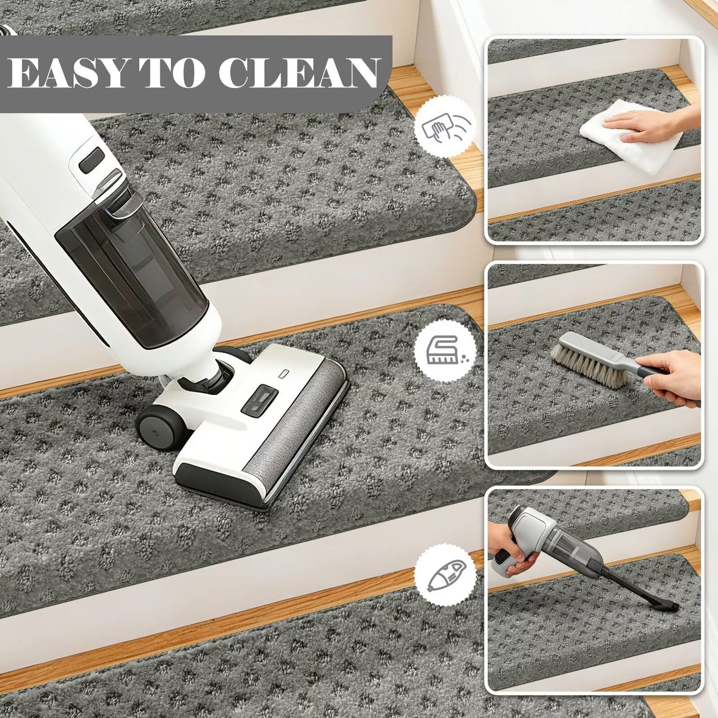 DEXDE Bullnose Carpet Stair Treads Non Slip for Wooden Steps Indoor, 30" x 9.5" x 1.7" (14 Pack) Grey - Peel and Stick Stair Runner Rugs with Edge Protection, Washable & Reusable Pet Friendly Mats