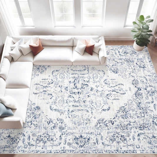 9x12 Area Rugs for Living Room: Washable Rug Vintage Large Rugs Soft Non Slip Low Pile Rug Floral Distressed Floor Carpet for Bedroom Dining Room Home Office (Blue,9'x12')