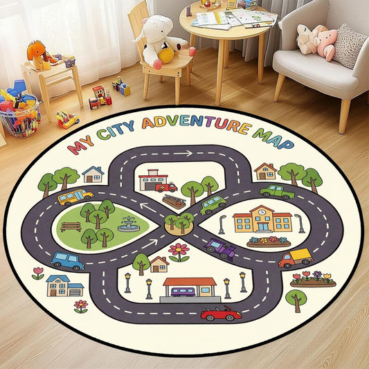CRJMKS Round Car Rug Play Mats for Kids,3ft,City Road Map Round Children's Rug for Boy's Bedroom Playroom Nursery Preschool Education Circle Rugs Low-Pile with Rubber Backing