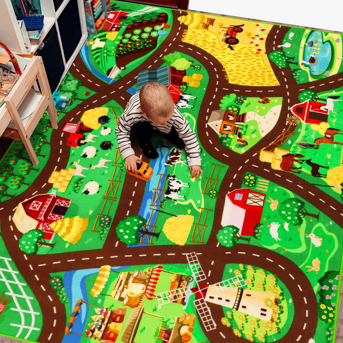 Kids Car Carpet,3'3" x 4'11" Car Rugs for Kids Toy Cars,Non-Slip Farmhouse Road Rug for Kid,Kid Room Race Track Rug,Pasture Track Mat Car Play Rugs for Playroom Bedroom Boys(for Age 2+)
