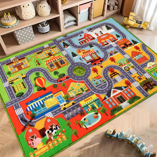 Car Rugs for Kids Toy Cars, Non-Slip Traffic Road Rug for Playroom, City Map Race Track Carpet Washable Kids Rug for Boys Bedroom Classroom (59X39.4 INCH, Four Season)