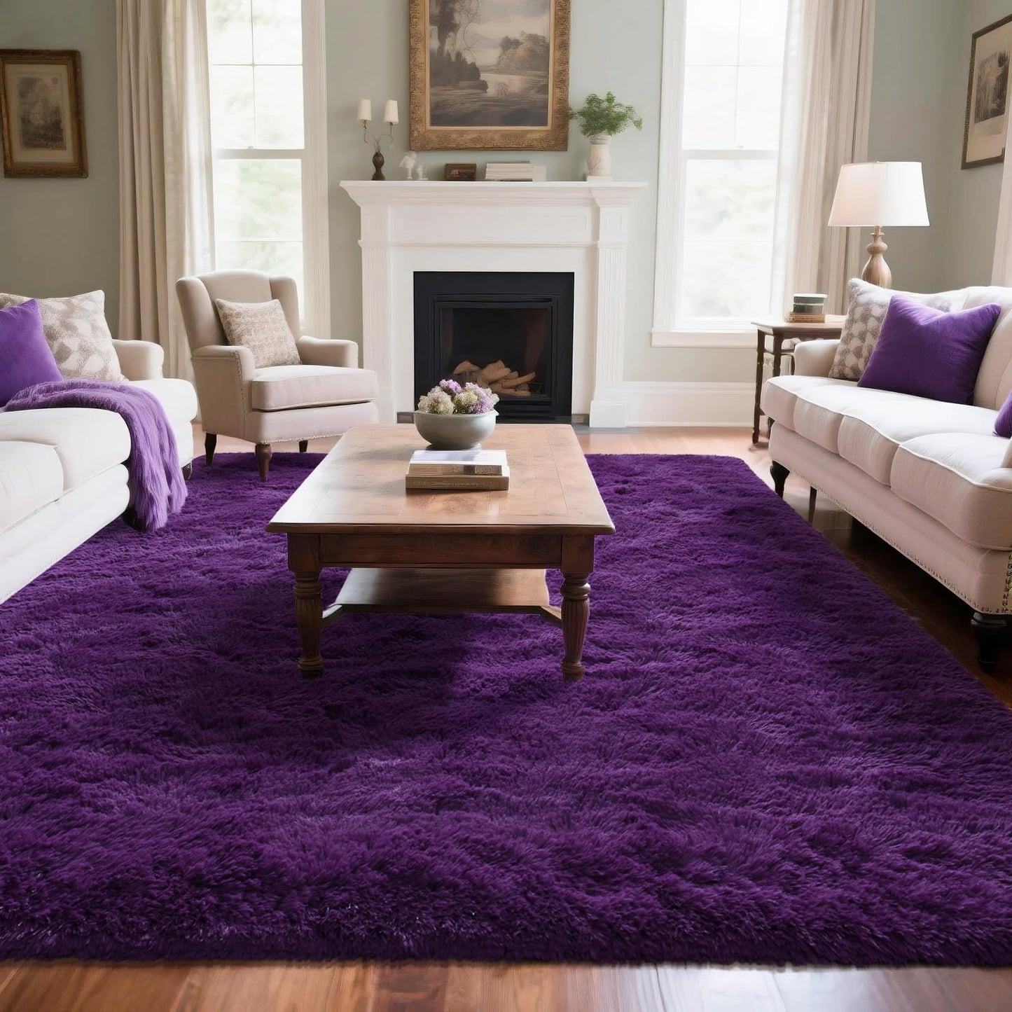 Rtizon Shag Area Rug for Bedroom, 4x6 Feet Fluffy Rugs for Girls Boy's Bed Bedside, Plush Carpet with Non-Slip Bottom for Living Room Office Dorm Nursery Room, Dark Purple