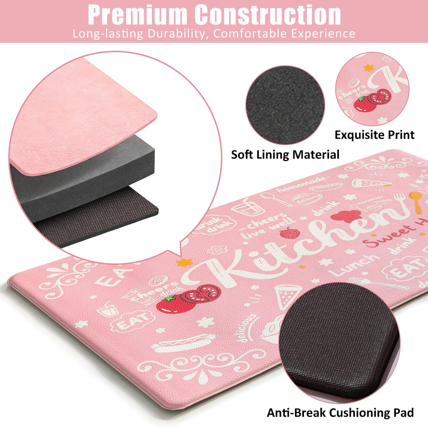 JSVSLTD Kitchen Rugs 17"x30" Cushioned Anti-Fatigue Rugs with Rubber Backing, Thick Comfort Floor Mats for Kitchen, Entryway, Laundry Room, Hallway, Pink