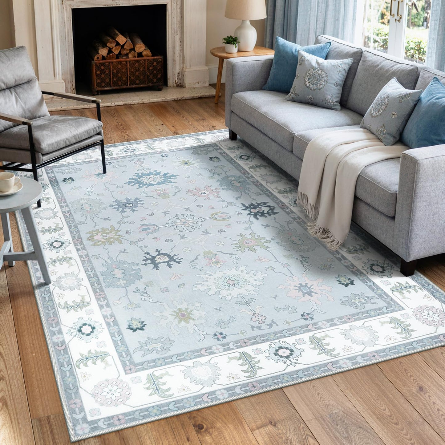 LIVEBOX Washable Grey 5x7 Rug, Soft Oushak Area Rugs for Living Room, Non Slip Boho Dining Room Rug Under Table, Turkish Floral Ultra Thin Floor Carpet for Bedroom Home Office, Grey