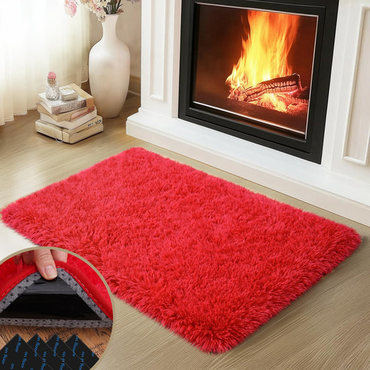 Mugorn Red Rugs for Bedroom, 2x3 Fluffy Area Rugs for Living Room, Soft Shag Kids Rug Small Carpet with 4 Non-Slip Rug Pads (Red, 2ft x 3ft)
