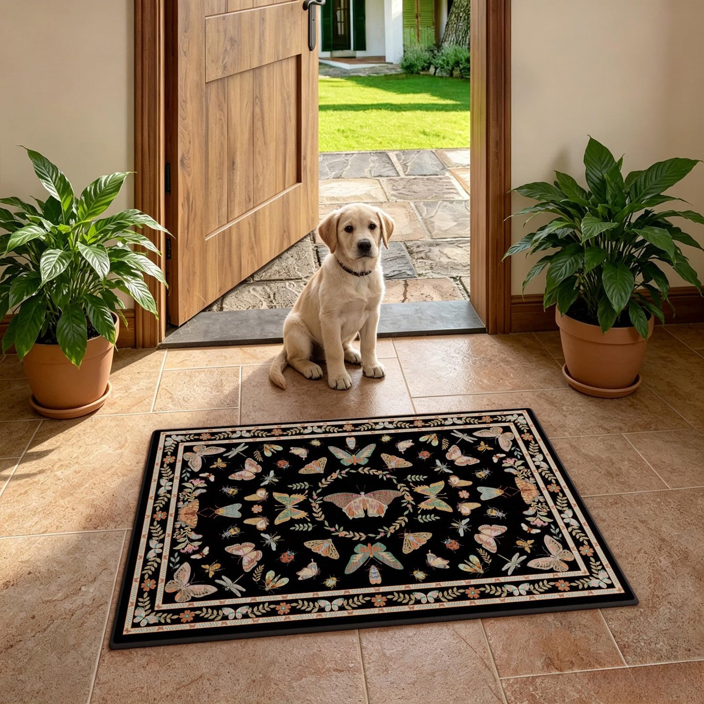 Unirea 2x3 Small Black Washable Area Rug, Door Mat Indoor Entrance Insect Rug, Non Slip Thin Area Rugs, Soft Boho Bug Entryway Rug for Kitchen, Bathroom, Bedroom, Laundry Room, Low Pile Carpet
