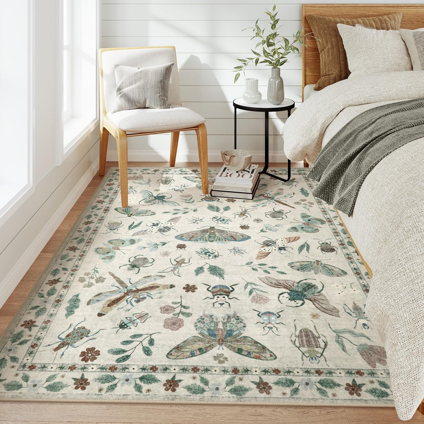Lahome Insect Print Washable Area Rugs 5x7, Soft Rugs for Living Room Ultra-Thin Non-Shedding Modern Bedroom Rug, Throw Rug Large Carpet for Dining Room Nursery Vionnet(5'x7',Beige)