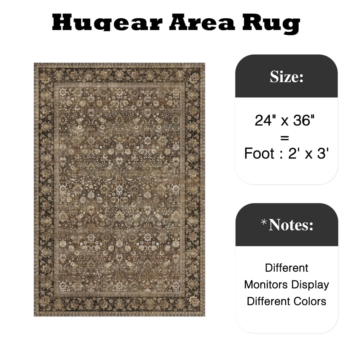 HUGEAR 2x3 Small Rug Machine Washable Area Rug Brown Entryway Rugs Entrance Door Mat Indoor Accent Rugs Floral Low Pile Carpet Distressed Throw Rug Kitchen Bedroom Office Non Slip