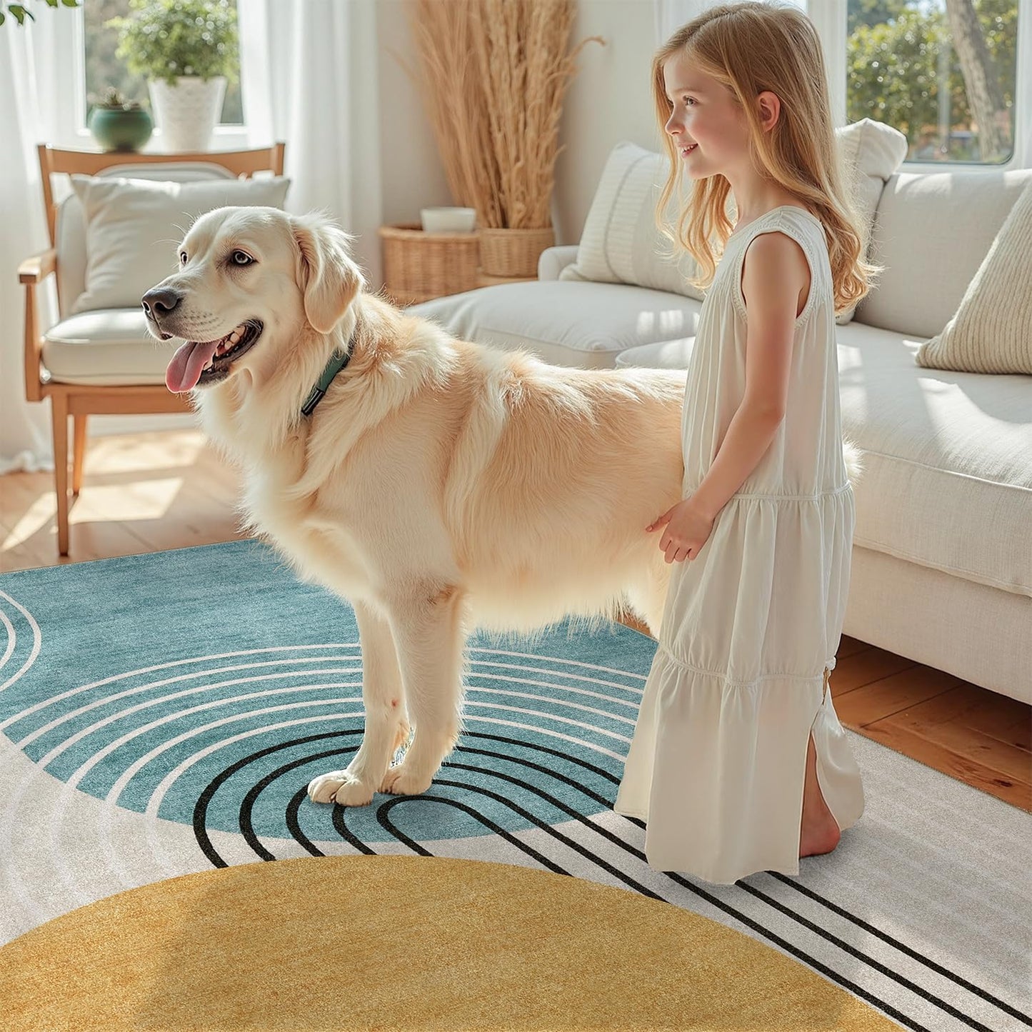 DCX Abstract Machine Washable 5x7 Rug, Mid Century Modern Rug for Living Room, Soft Low Pile Non Slip Carpet, Kid & Pet Friendly Stain Resistant Rug for Bedroom Dining Room Office, Blue & Yellow