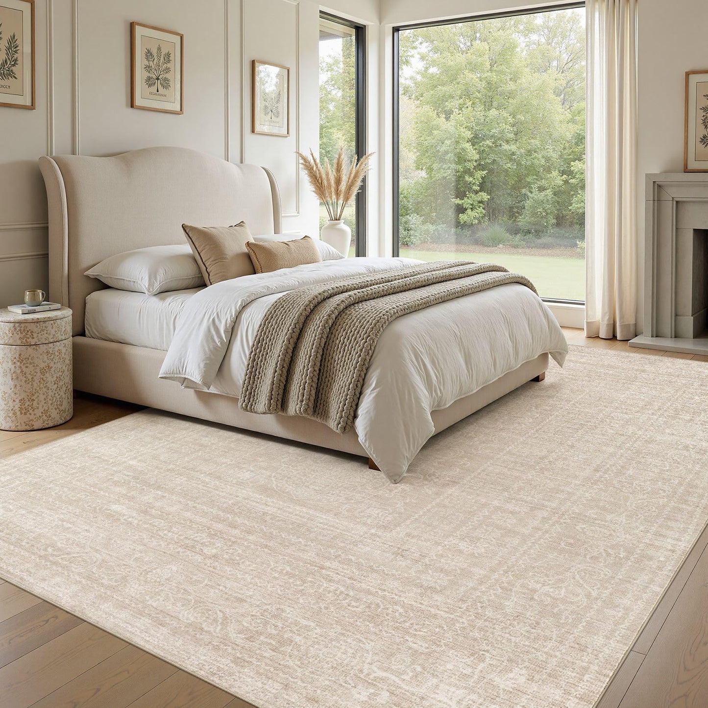 Nakagishi 10x14 Area Rugs Living Room: Washable Large Vintage Rug Neutral Non-Slip Soft Stain Resistant Indoor Carpet for Bedroom Nursery Dining Room Office Playroom - Beige