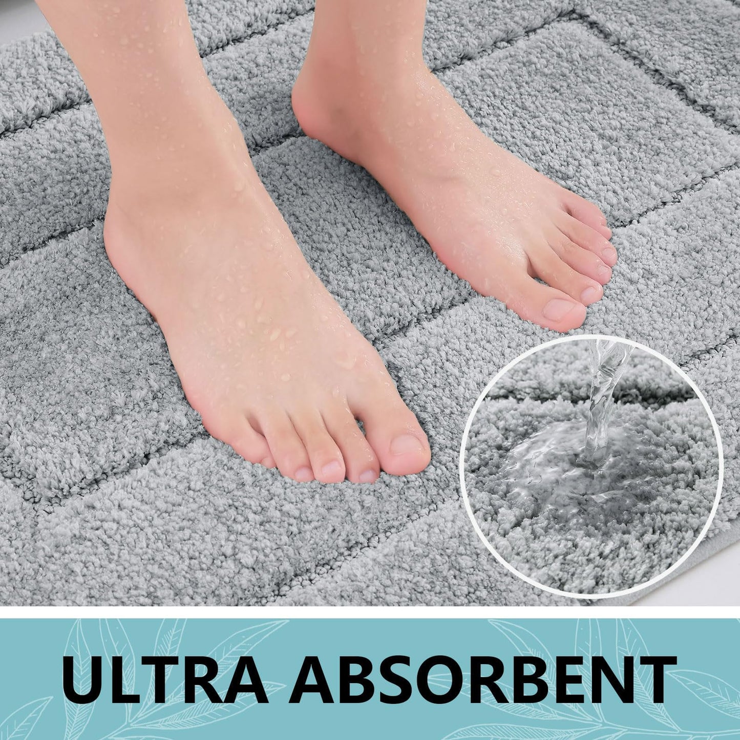 Buganda Bathroom Rugs, 24" x 16", Soft and Absorbent Microfiber Bath Rugs, Non-Slip Shaggy Shower Carpet, Machine Wash Dry Bath Mats for Bathroom Floor, Tub and Shower, Grey