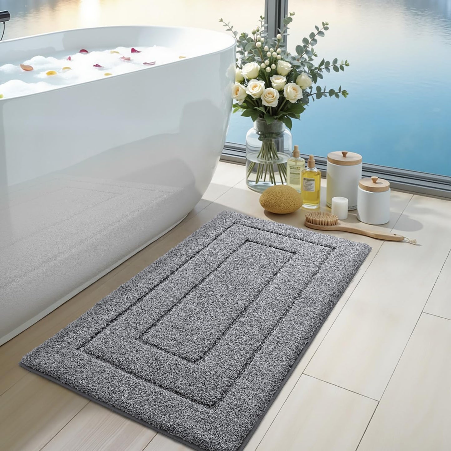DEXI Bathroom Rug 43x24, Non Slip Washable Bath Mat for Shower Floor, Extra Large Absorbent Soft Bathmat with Rubber Backing, Quick Dry Microfiber Carpet, Grey