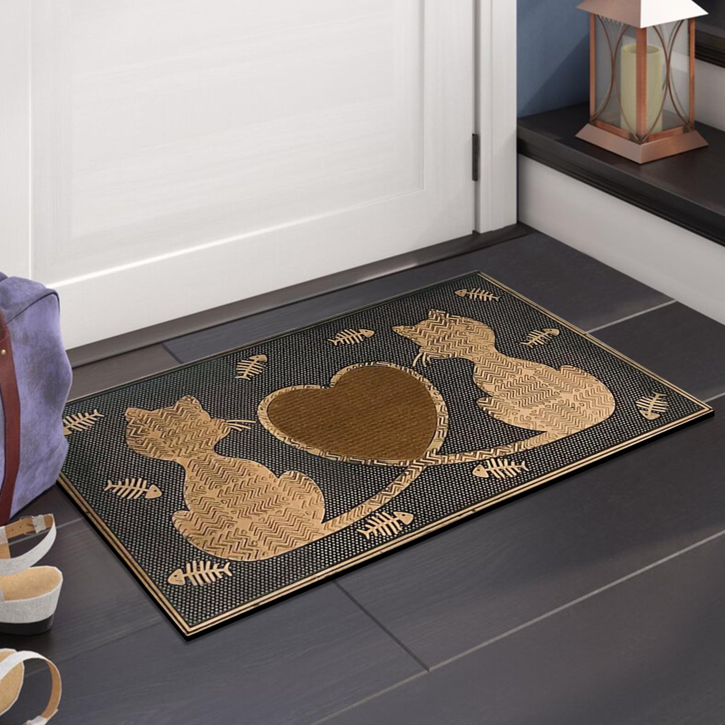 A1HC Rubber Welcome Doormat for Outdoor Indoor Entrance, Non-Slip Backing Front Door Mat for High Traffic Area Use, Fun Designed Entrymat, 18"x30" Twin Cats Heart Copper