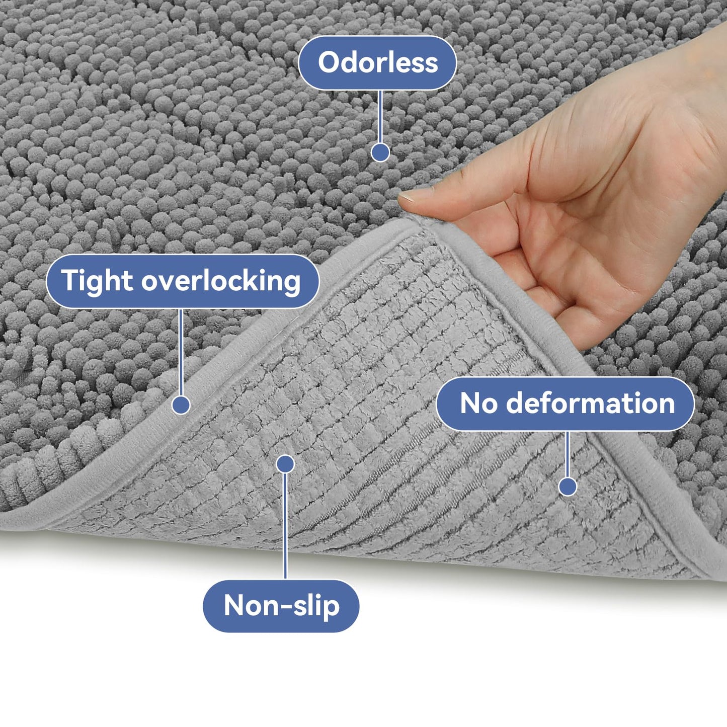 Bcoimo 24"×17" Chenille Bath Mat – Non-Slip with Backing Bath Rug Ultra-Absorbent and Machine Washable Bathroom Mat Quick-Dry Design. Ideal for Bathroom and Tub Areas