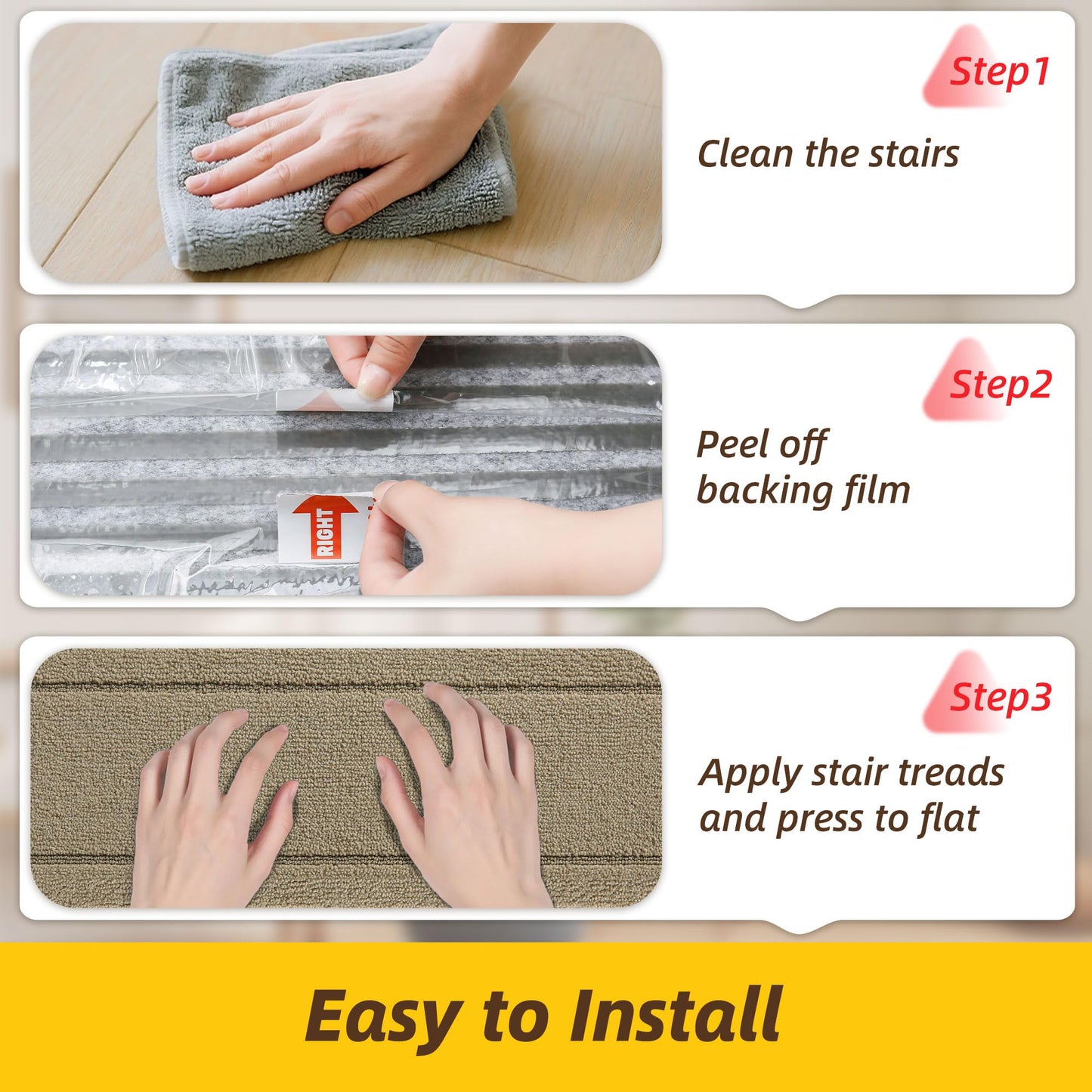 JSEI Stair Treads for Wooden Steps Indoor, 15-Pack Non Slip Stair Treads 30" x 8", Washable Polyester Stair Mats with TPE Backing, Low Profile Stair Rugs for Kids, Seniors and Dogs, Beige