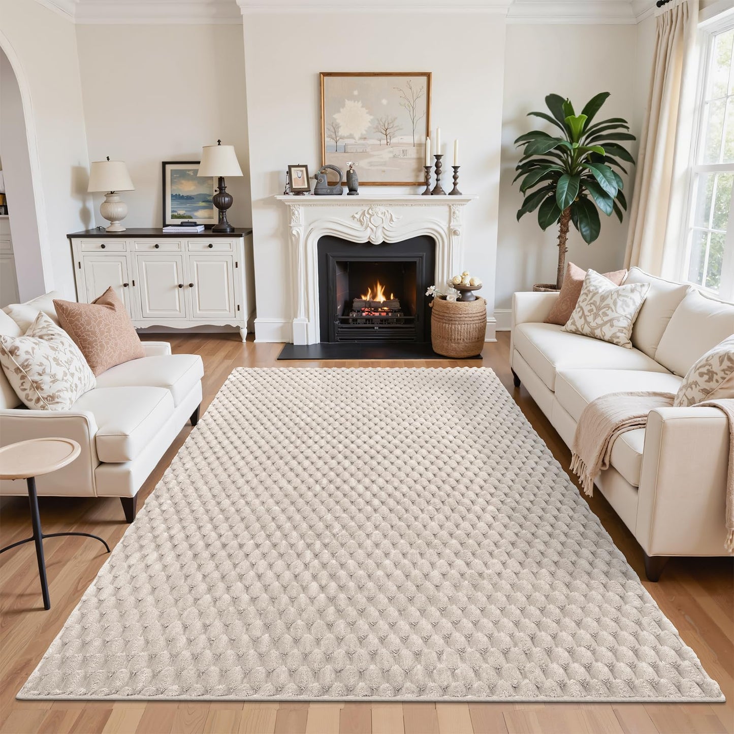 Vaukki 5x8 Area Rug for Living Room, Non Slip Washable 3D Bubble Living Room Rug, High Low Pile Hexagon Floor Mat for Bedroom, Modern Soft Fluffy Carpet for Dining Room, Office and Nursery, Beige