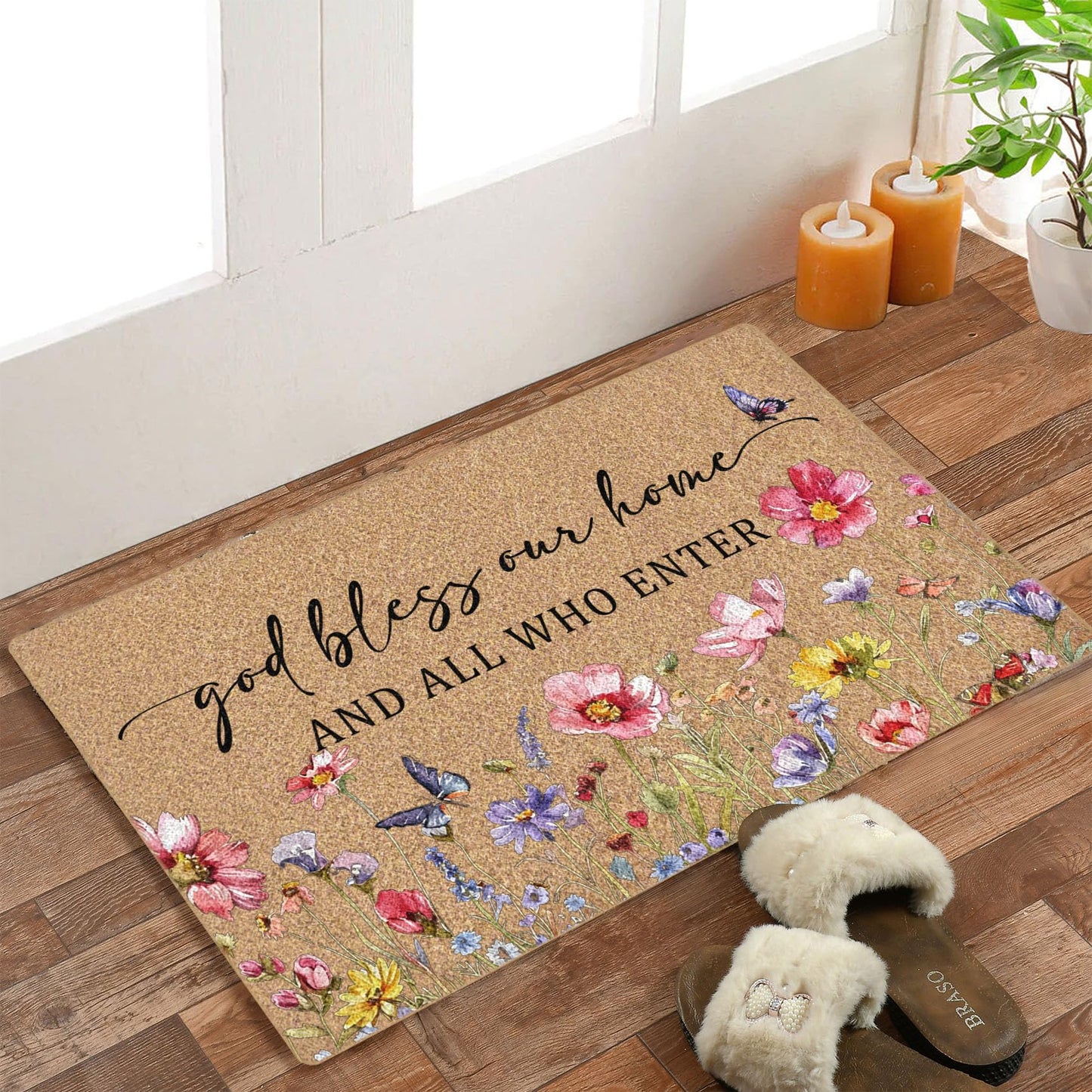 BitKAM Christian Floral Coco Coir Doormat Door Welcome Mat for Home Entrance Front Door, God Bless This Home All Who Enter, Bible Verse Wildflower Floor Mats for Outdoor Outside Entryway 30x17 Inch